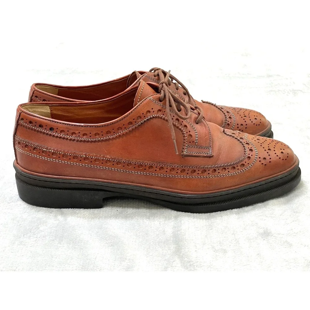 Pollini Linea Torpedo Men's 10 Cognac Leather Wingtip Brogue Oxfords Italy